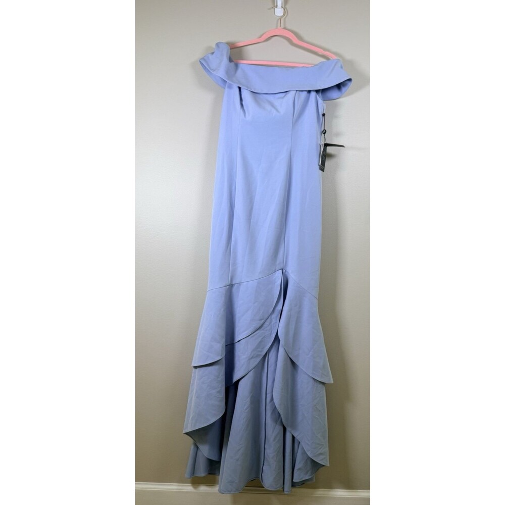 Adrianna Papell Blue Crepe Off Shoulder Ruffle Long Gown Dress - 10